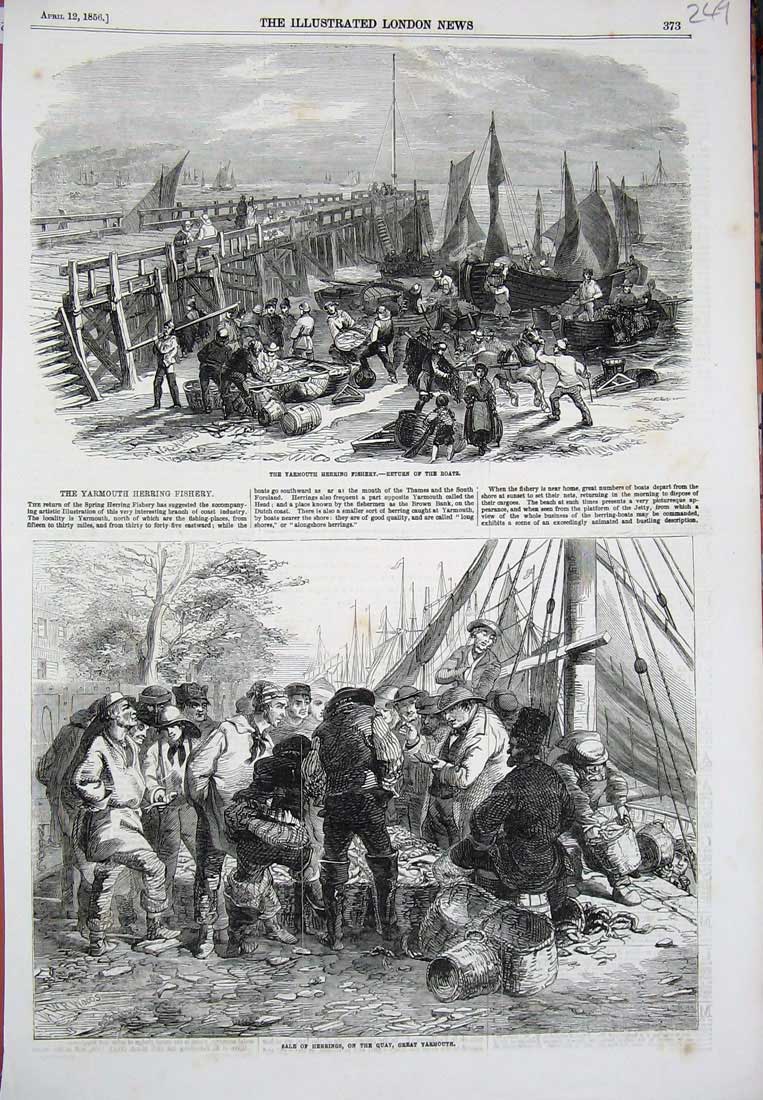 Old Antique Print 1856 Herring Fish Sale Quay Great Yarmouth Fishery Boat 19th