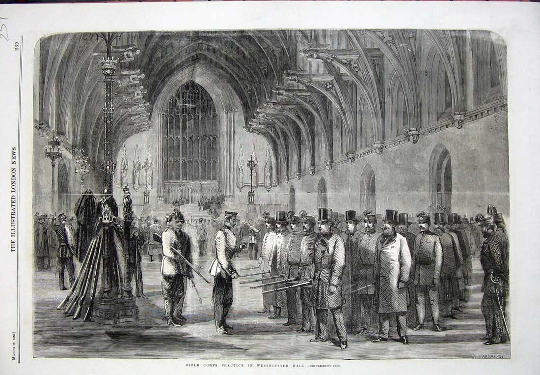 Original Old Antique Print 1860 Rifle Corps Practice Westminster Hall Fine Art