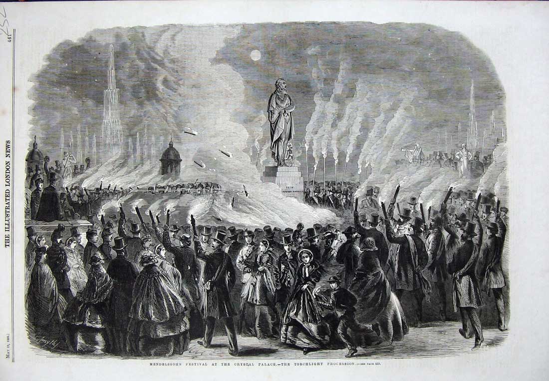 Old Antique Print Mendelssohn Festival 1860 Crystal Palace Torchlight Art 19th