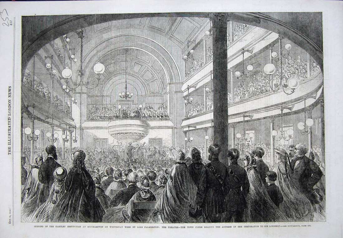 Old Antique Print 1862 Hartley Southampton Lord Palmerston Theatre Clerk 19th