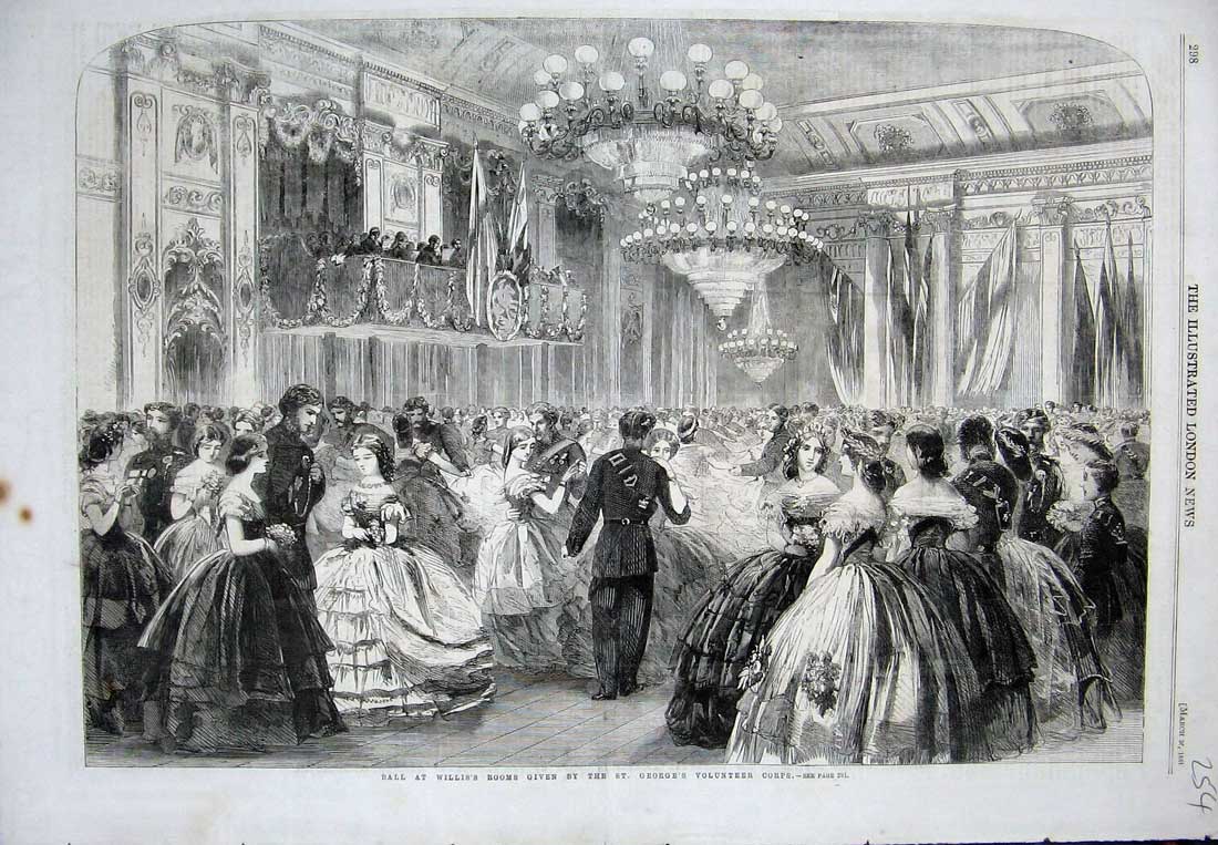 Original Old Antique Print 1861 Ball Willis'S Rooms George Volunteer Corps Sier