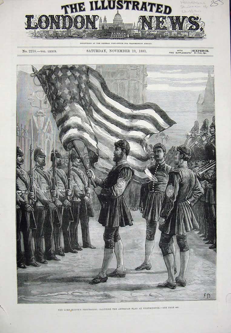 Original Old Antique Print 1881 Lord Mayor Procession American Flag Westminster