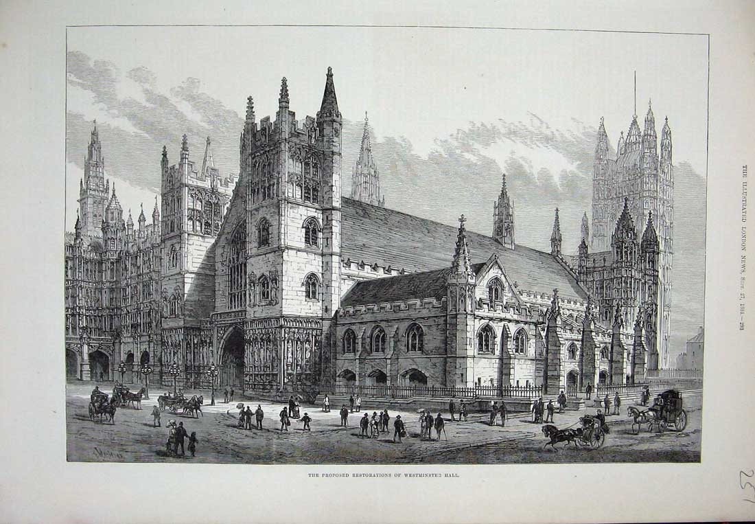 Original Old Antique Print 1884 Restorations Westminster Hall Architecture 19th