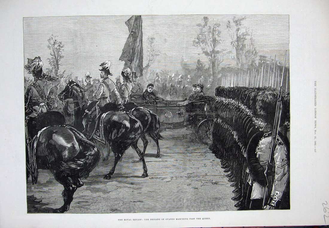 Original Old Antique Print 1882 Royal Review Brigade Life Guards Marching Queen