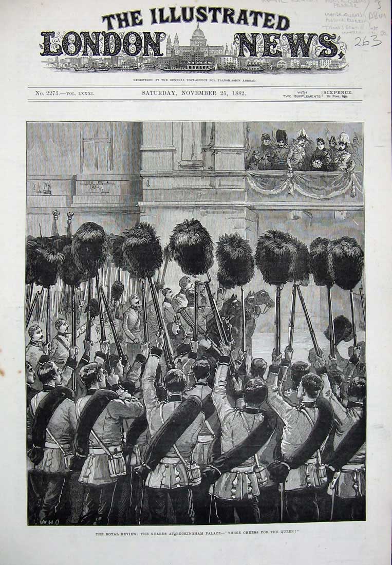 Old Antique Print 1882 Royal Review Guards Buckingham Palace London Art 19th