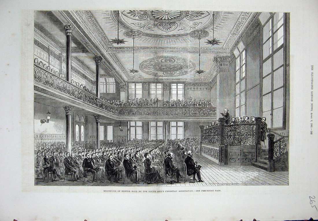 Original Old Antique Print 1881 Exeter Hall Young Men'S Christain Association