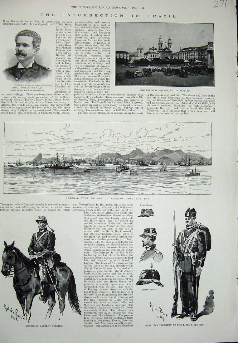 Original Old Antique Print 1893 Brazil Infantry Siers Rion Janeiro Mello Pedro