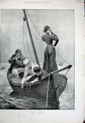 Old Antique Print 1893 Deap Sea Fishing Lady Man Children Boats Woodville 19th