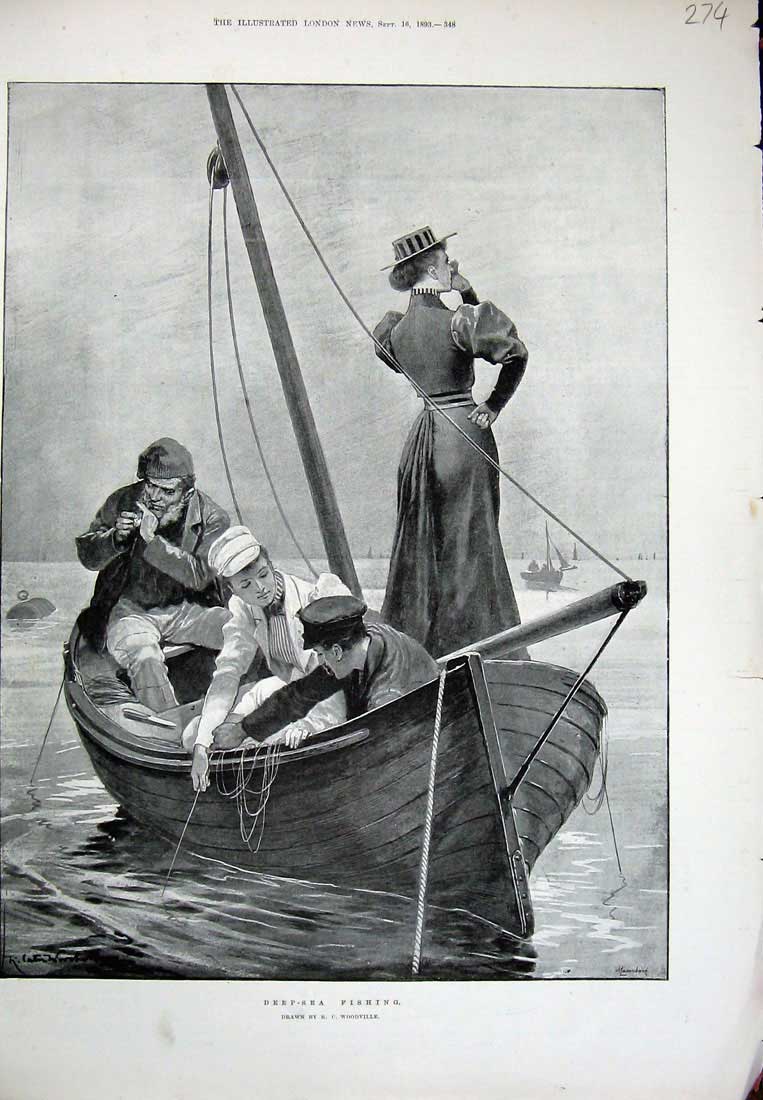 Old Antique Print 1893 Deap Sea Fishing Lady Man Children Boats Woodville 19th
