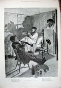 Old Antique Print Men Rehearsing Music Bedroom Bed Bottles Beer Wine 1895 19th