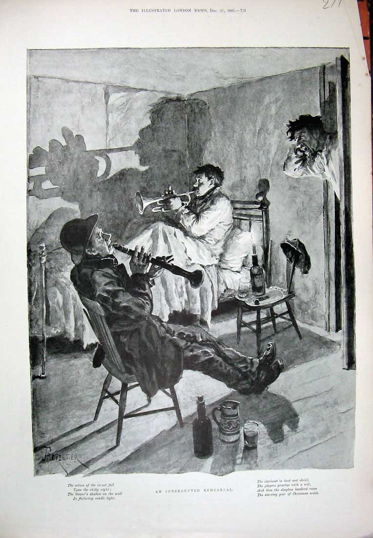 Old Antique Print Men Rehearsing Music Bedroom Bed Bottles Beer Wine 1895 19th
