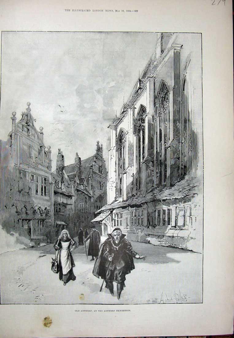 Original Old Antique Print *0312 1894 Antwerp Exhibition Street Architecture