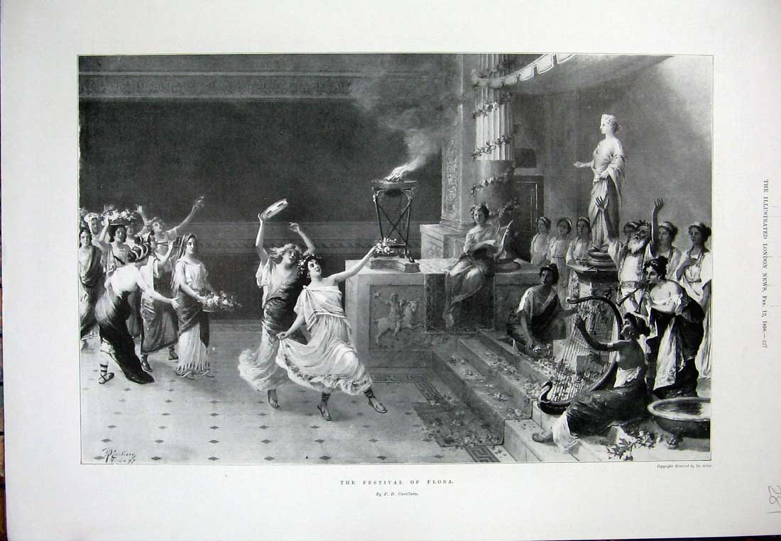 Original Old Antique Print 1898 Festival Flora Music Dancing Statue Cavallaro