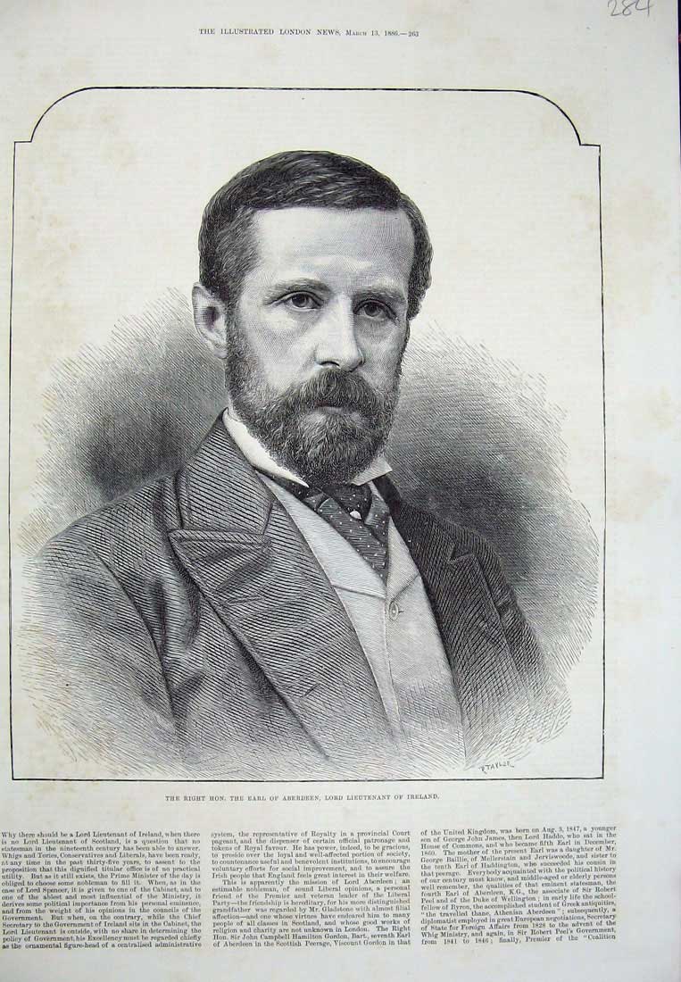 Original Old Antique Print 1886 Portrait Earl Aberdeen Lieutenant Ireland 19th