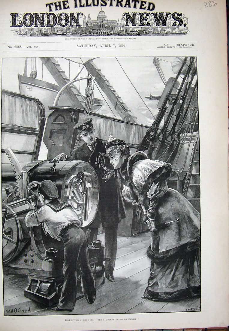 Old Antique Print 1894 Overend Fine Art Gun Ship Sailor Lady Little Boy 19th