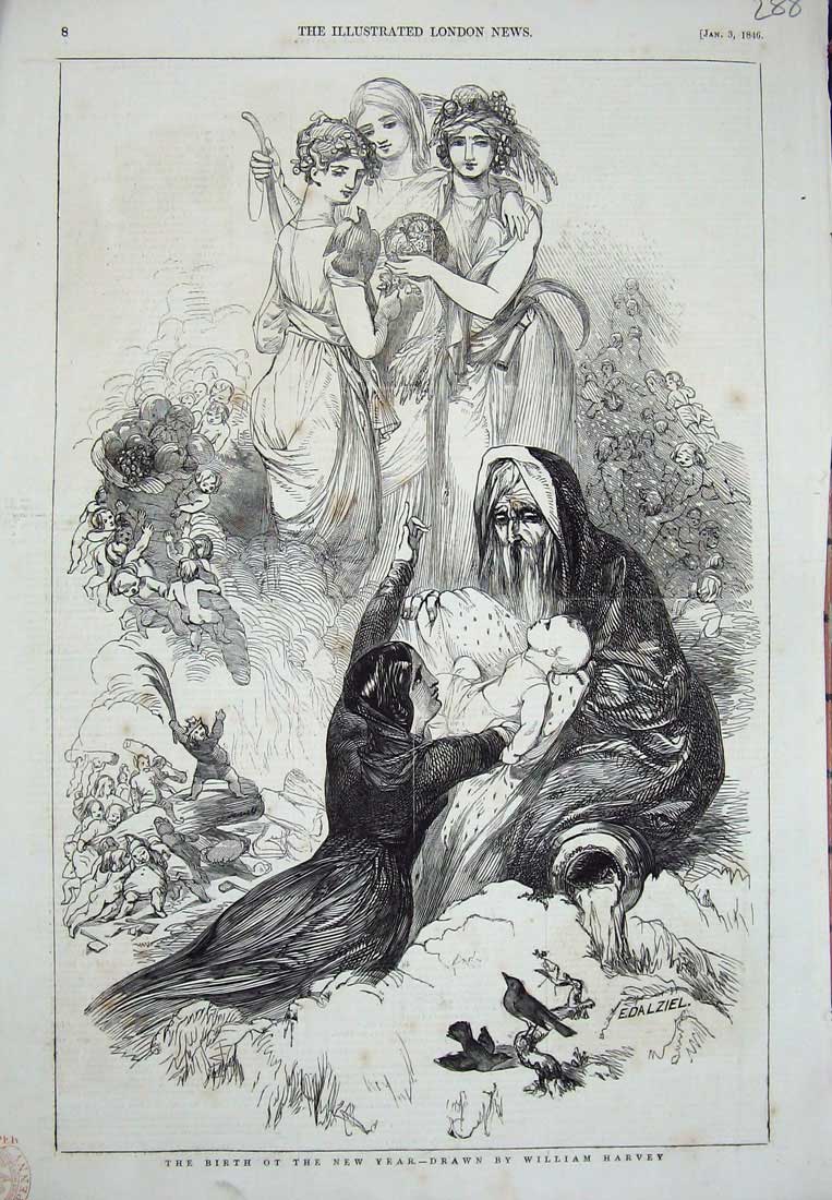 Original Old Antique Print 1846 New Year Baby Angels Man William Harvey 19th