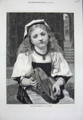 Original Old Antique Print 1878 Broken Tamborine Little Girl Music Coninck Art