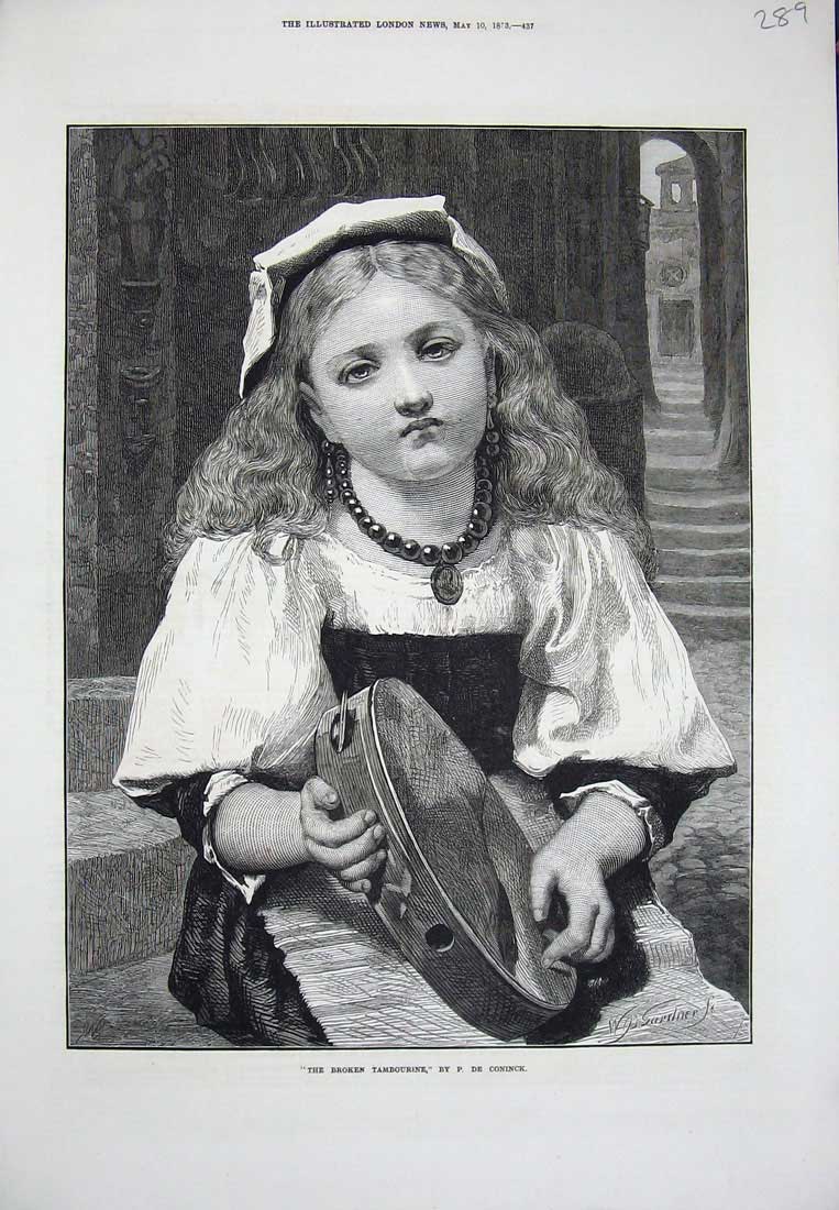 Original Old Antique Print 1878 Broken Tamborine Little Girl Music Coninck Art