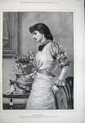 Old Antique Print 1883 Brewtnall Fine Art Lady Letter Flower Bowl House 19th