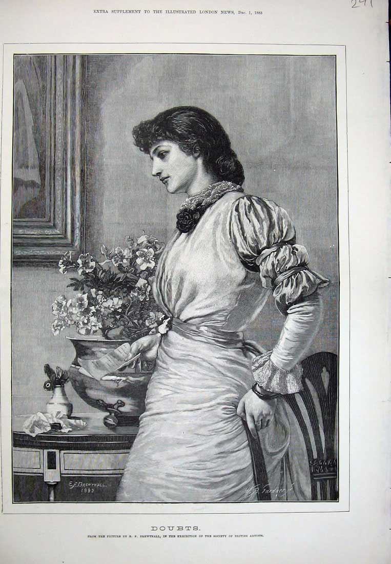 Old Antique Print 1883 Brewtnall Fine Art Lady Letter Flower Bowl House 19th