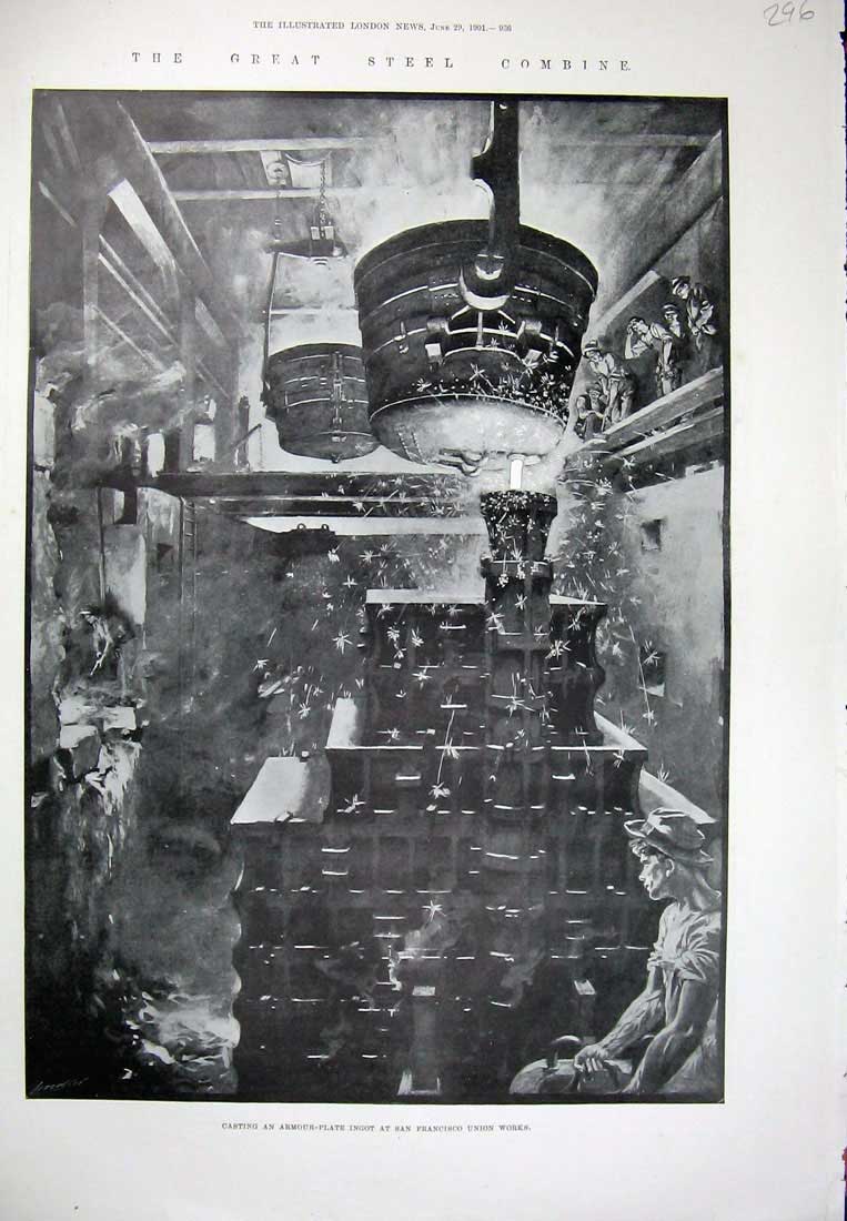 Old Antique Print 1901 Casting Armour Plate Ingot Francisco Union Works 20th