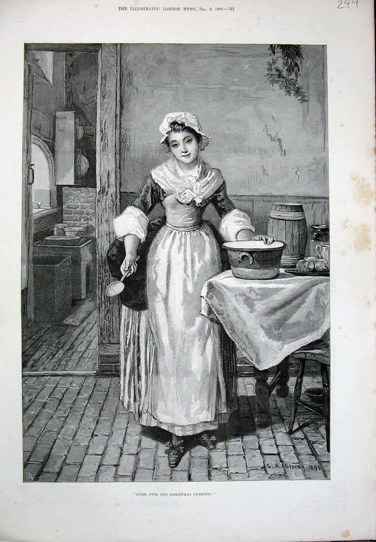 Original Old Antique Print Maid Christmas Pudding Kithcen 1893 Storey Fine Art
