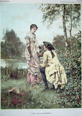 Original Old Antique Print Colour 1887 Man Woman Romance Country River Trees