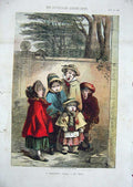 Old Antique Print 1855 Christmas Carol Children Singing Wall Trees Colour 19th