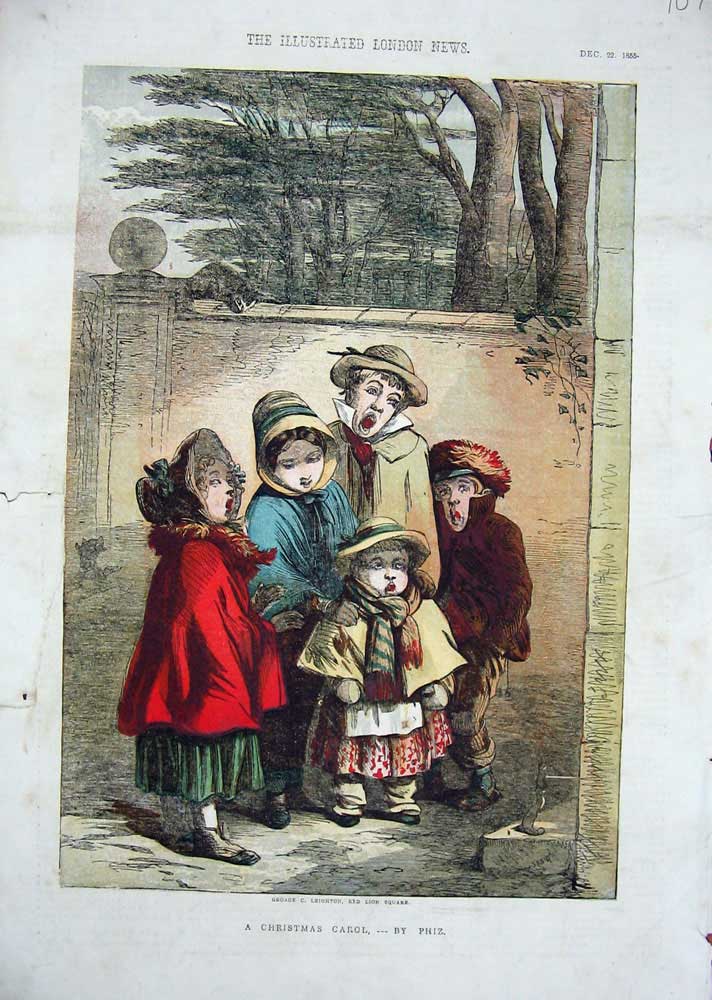Old Antique Print 1855 Christmas Carol Children Singing Wall Trees Colour 19th