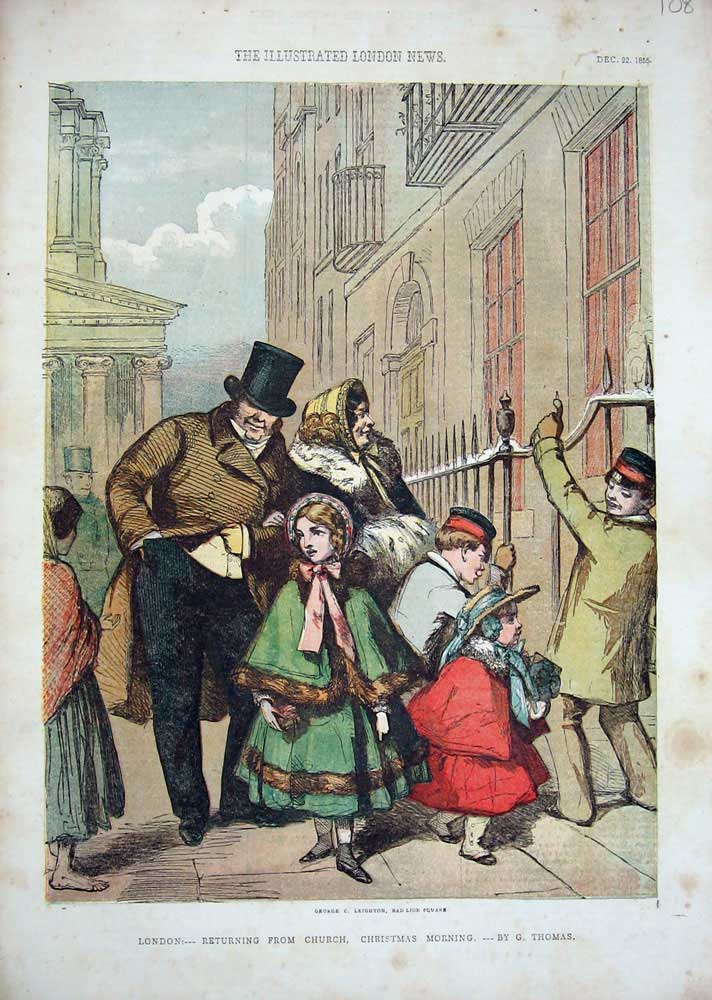 Original Old Antique Print 1855 London Colour Christmas Children Church 19th