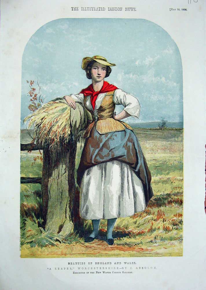 Old Antique Print 1856 Beautiful Lady Woman Reaper Farming Country Colour 19th