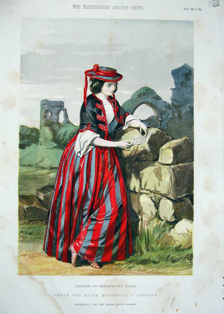Old Antique Print 1856 Beautiful Woman Girl Ruins Sussex Building Colour 19th