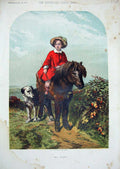 Original Old Antique Print Colour 1856 Little Boy Country Pony Horse Dog 19th