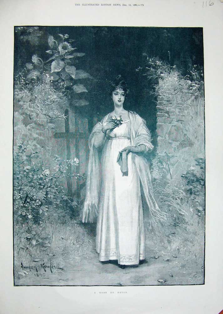 Old Antique Print 1891 Knowles Fine Art Rose Devon Beautiful Woman Lady 19th