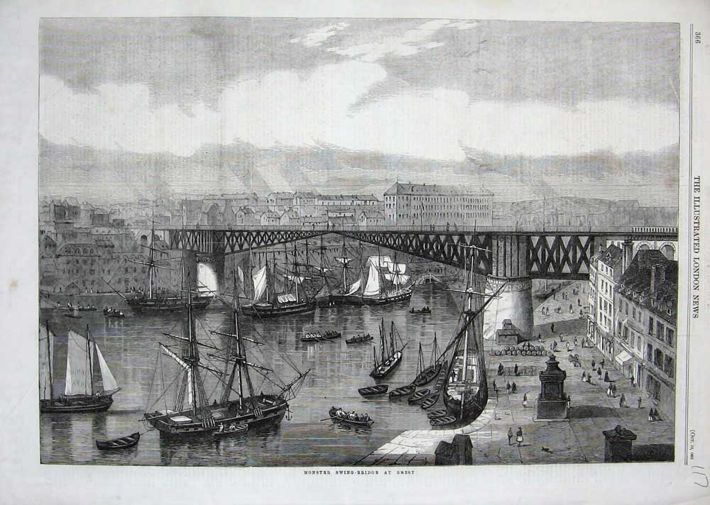 Old Antique Print Monster Swing Bridge Brest Ships River Engineering 1861 19th
