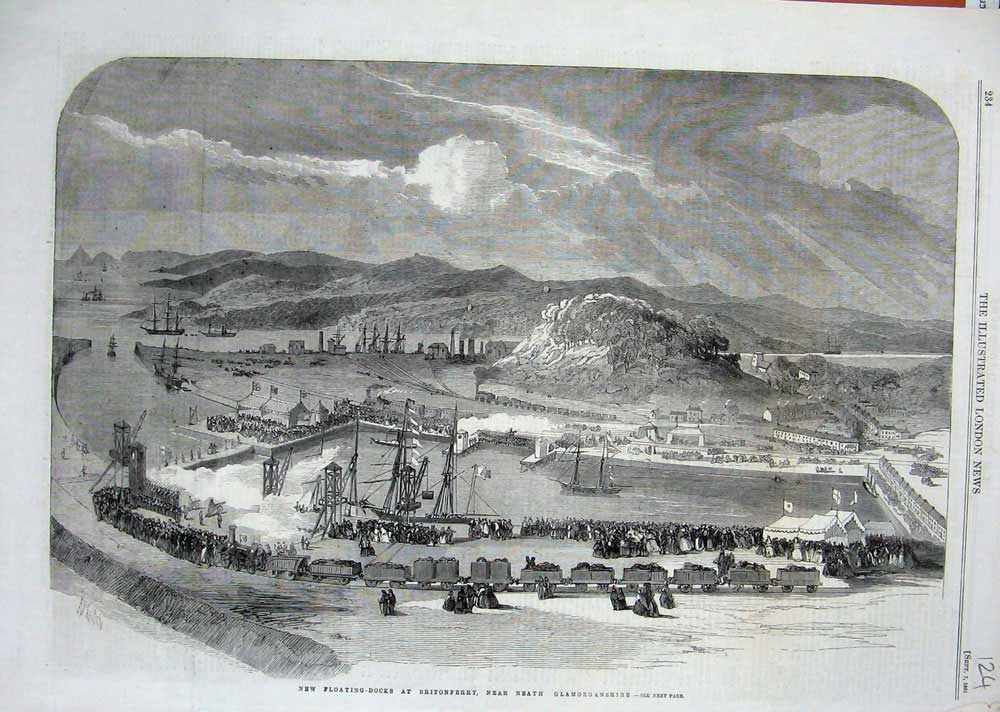 Original Old Antique Print 1861 Floating Docks Britonferry Glamorganshire Ships