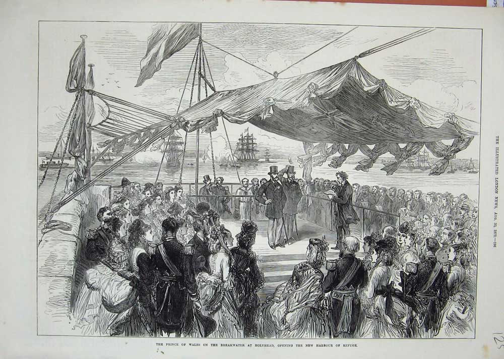 Original Old Antique Print 1873 Prince Wales Breakwater Holyhead Harbour Refuge