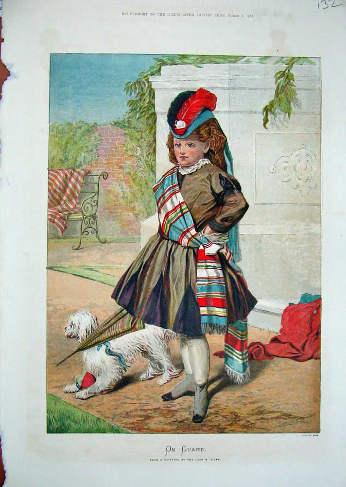 Original Old Antique Print 1873 Tidey Colour Little Girl Uniform Guard Dog 19th