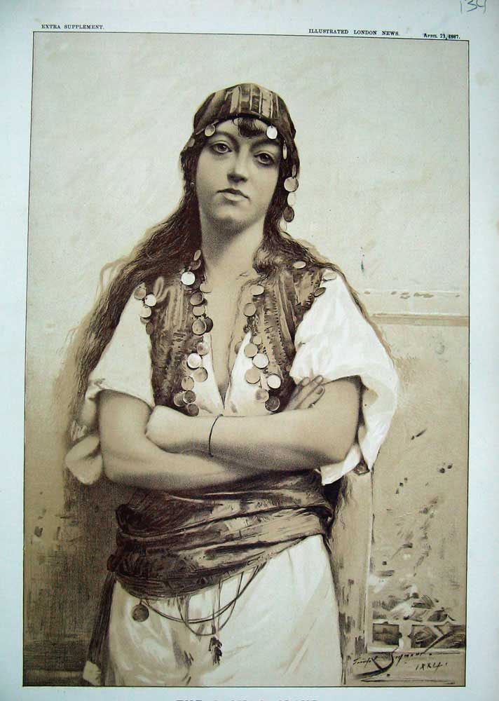 Original Old Antique Print 1887 Sepia Portrait Pacha Beautiful Slave Girl 19th