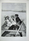 Original Old Antique Print 1891 Rainey Fine Art Little Children Dog River Boat