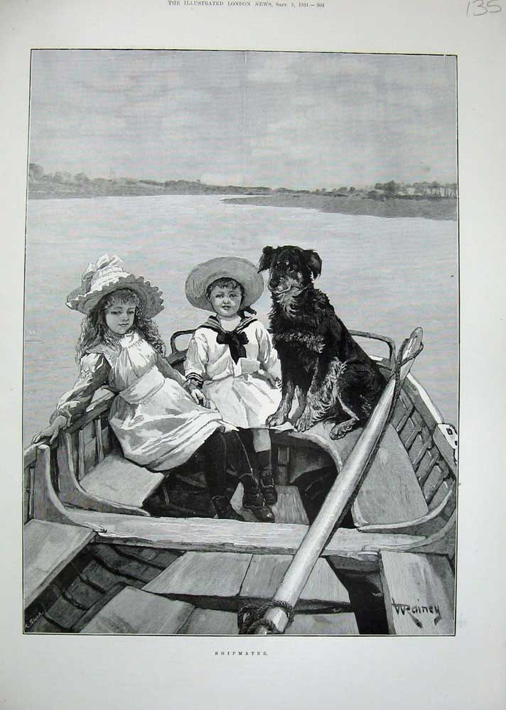 Original Old Antique Print 1891 Rainey Fine Art Little Children Dog River Boat