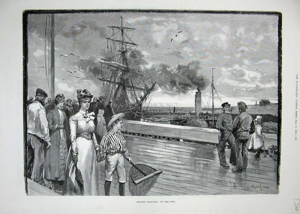 Original Old Antique Print 1891 Knowles Fine Art Seaside Pier Ships People Nets