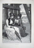 Original Old Antique Print Knowles Fine Art 1892 Ladies Letters Beach Boat Hats
