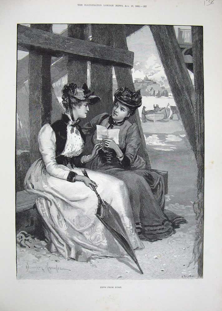 Original Old Antique Print Knowles Fine Art 1892 Ladies Letters Beach Boat Hats