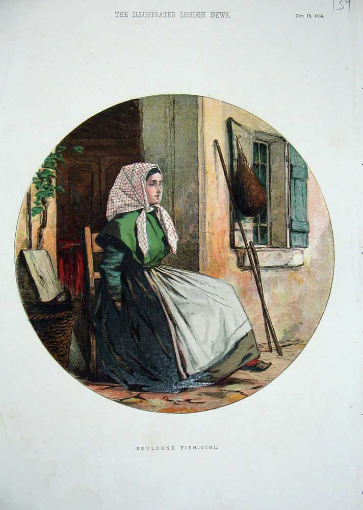Original Old Antique Print 1856 Colour Boulogne Fish Girl Chair Street House