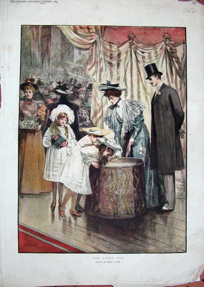 Original Old Antique Print 1894 Gow Colour Children Lucky Tub Game Victorian