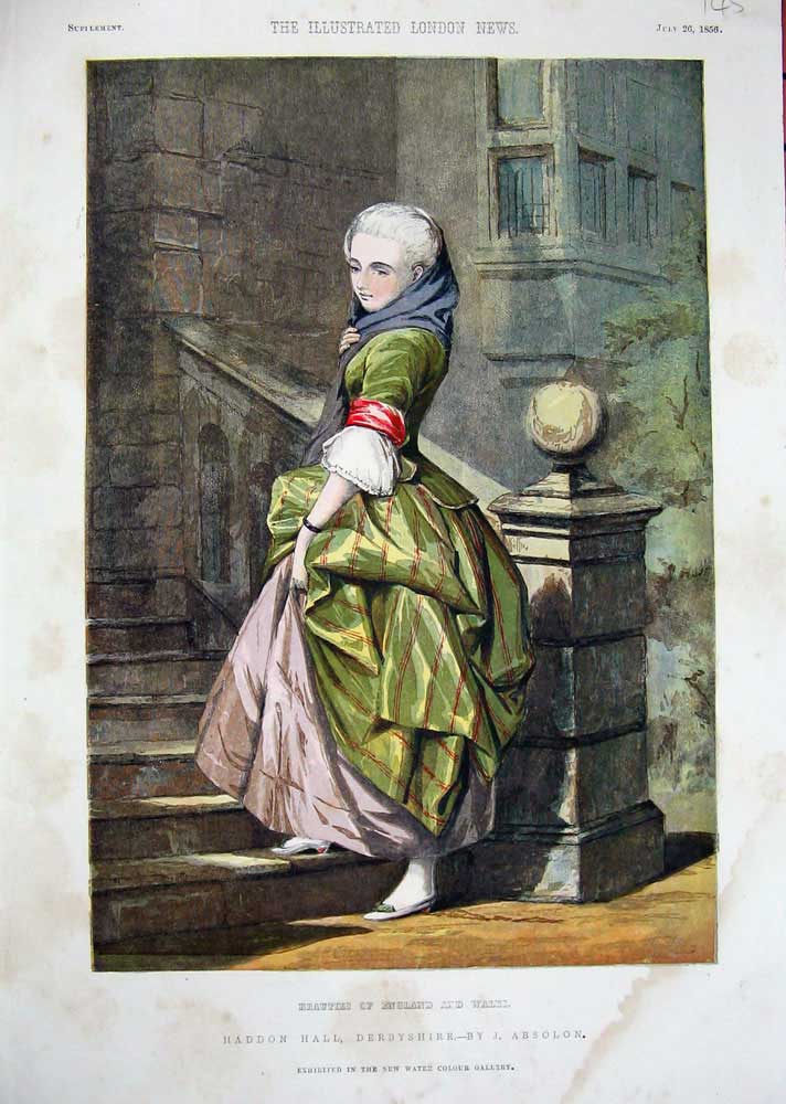 Original Old Antique Print 1856 Haddon Hall Derbyshire Beautiful Woman England