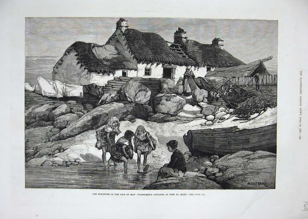 Original Old Antique Print Isle Man 1881 Fisherman'S Cottage Port St Mary Boats