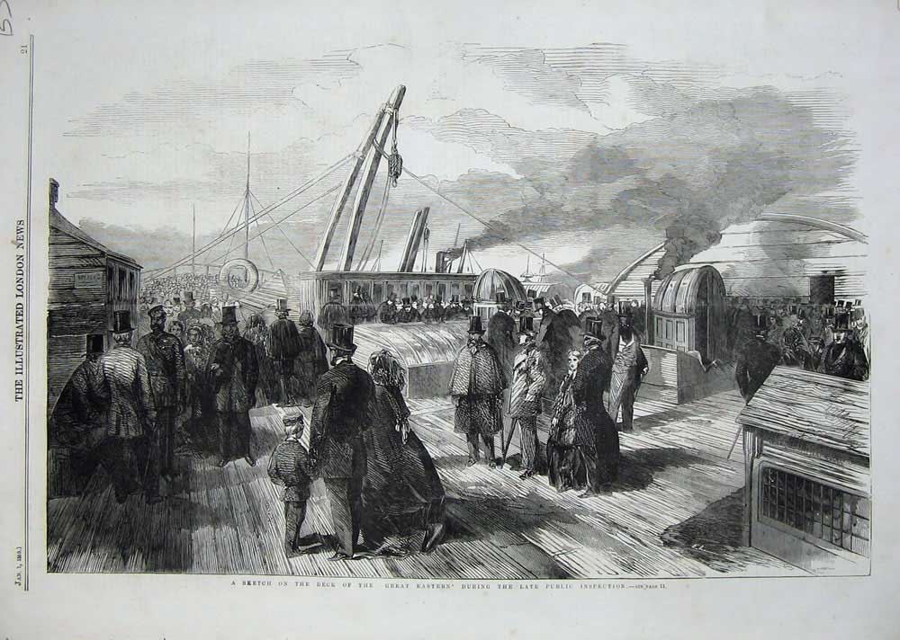 Original Old Antique Print 1859 Deck Great Eastern Ship People 19th