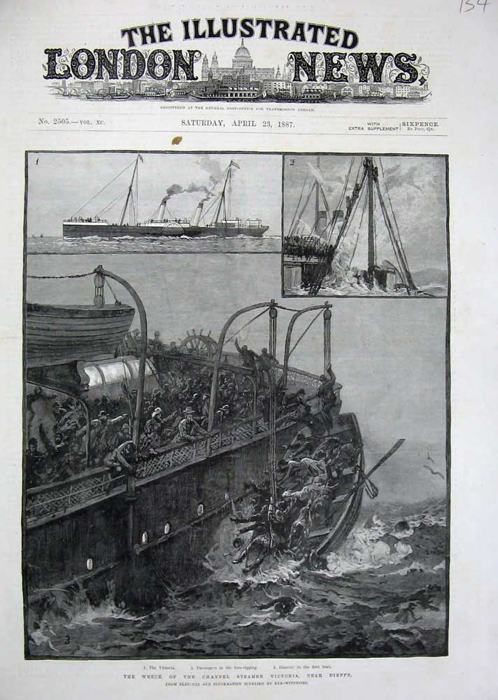 Old Antique Print 1887 Ship Wreck Channel Steamer Victoria Dieppe France 19th